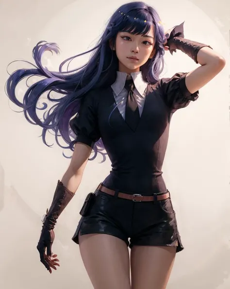 Japanese, (skinny female:0.75), lapis lazuli, (androgynous:1.25), small breasts, very long blue hair, bangs, crystal hair, colored eyelashes, BREAK, gem uniform, necktie, shorts, elbow gloves, puffy short sleeves, BREAK, provocative poses, looking at viewer, sneer, simple white background, BREAK, volumetric lighting, cowboy shot, <lora:housekinokuni_lapislazuli:1>, masterpiece, best quality, high quality, detail, highres, absurdres, 8k,