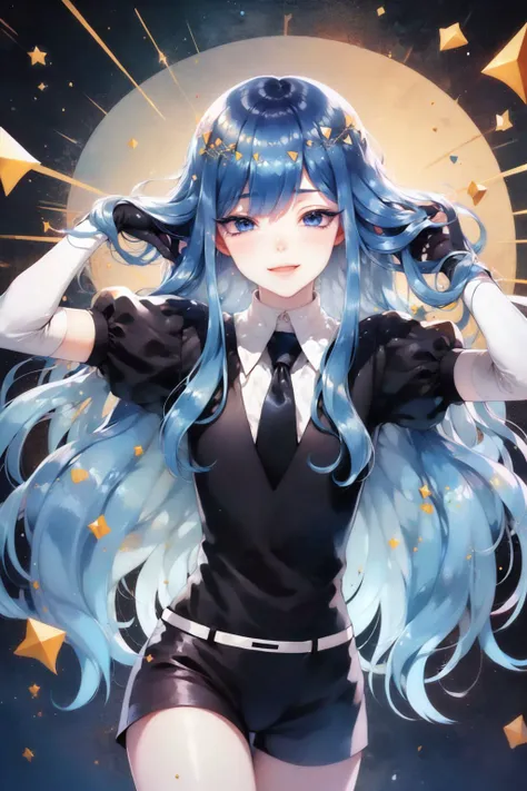 (masterpiece, best quality:1.2), <lyco:housekinokuni_lapislazuli-09:1.0>, cowboy shot, solo, 1other, lapis lazuli, smile, looking at viewer, crystal hair, bangs, colored eyelashes, gem uniform, necktie, puffy short sleeves, elbow gloves, sparkle