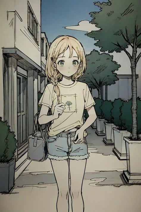 <lora:shouhui:1.0>, shouhui, 1girl, blonde long hair, t-shirt, denim shorts, (masterpiece, high quality, best quality), outdoors, cityscape, trees, flowers, clouds, sky, streets, (houses), ((flowers)),
