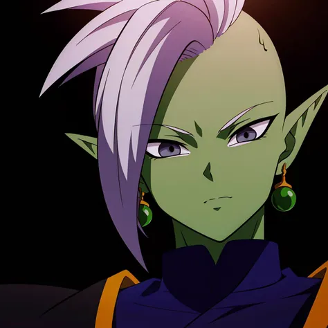 Best_QualityPos, RAW photo, intricate details, best quality, 8k uhd, soft lighting, 1boy, solo, Zamasu, colored skin, green skin, mohawk, white hair, grey eyes, single earring, dougi, pointy ears  <lora:Zamasu_V2:0.6>