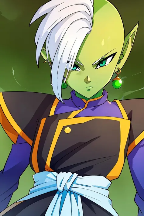 <lora:ricegnat_style:0.8>,((masterpiece,best quality)), absurdres, 1boy, solo, colored skin, green skin, mohawk, white hair, grey eyes, detailed eyes, pointy ears, single earring, green earring <lora:Zamasu:0.7> solo, looking at viewer, cowboy shot,