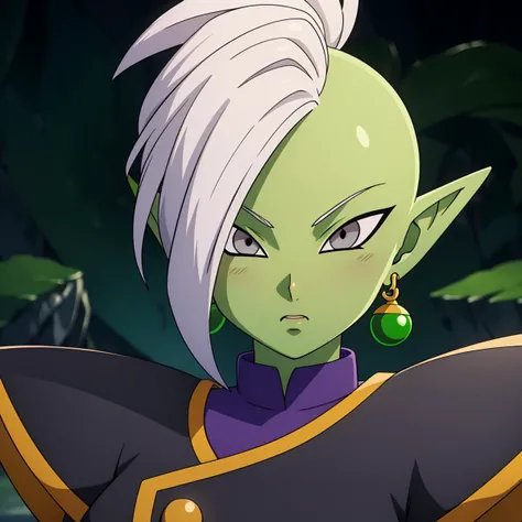 Best_QualityPos, RAW photo, intricate details, best quality, 8k uhd, soft lighting, solo, 1girl, large breasts, blush, colored skin, green skin, mohawk, white hair, grey eyes, single earring, green earring  <lora:Zamasu:0.7>