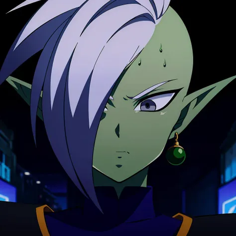 Best_QualityPos, RAW photo, intricate details, best quality, 8k uhd, soft lighting, 1boy, solo, Zamasu, colored skin, green skin, mohawk, white hair, grey eyes, single earring, dougi, pointy ears <lora:Zamasu_V2:0.6>