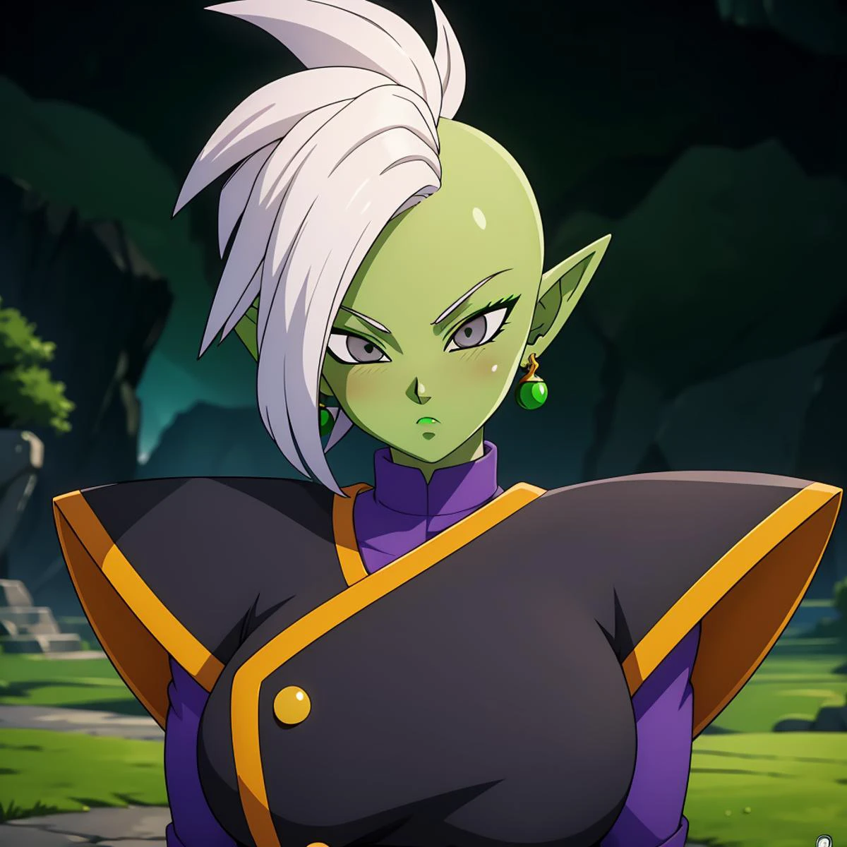 Best_QualityPos, RAW photo, intricate details, best quality, 8k uhd, soft lighting, solo, 1girl, large breasts, blush, colored skin, green skin, mohawk, white hair, grey eyes, single earring, green earring <lora:Zamasu:0.7>