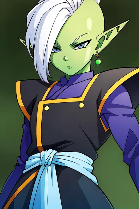 <lora:ricegnat_style:0.6>,((masterpiece,best quality)), absurdres, 1boy, solo, colored skin, green skin, mohawk, white hair, grey eyes, detailed eyes, pointy ears, single earring, green earring <lora:Zamasu:0.7> solo, looking at viewer, cowboy shot,