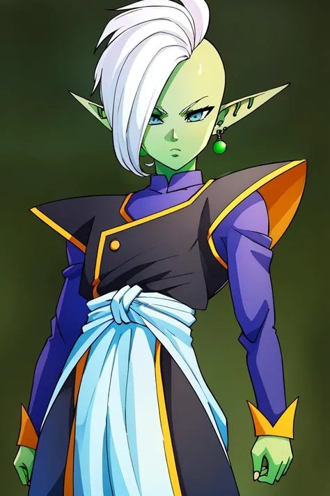 <lora:ricegnat_style:0.8>,((masterpiece,best quality)), absurdres, 1boy, solo, colored skin, green skin, mohawk, white hair, grey eyes, detailed eyes, pointy ears, single earring, green earring <lora:Zamasu:0.7> solo, looking at viewer, cowboy shot,