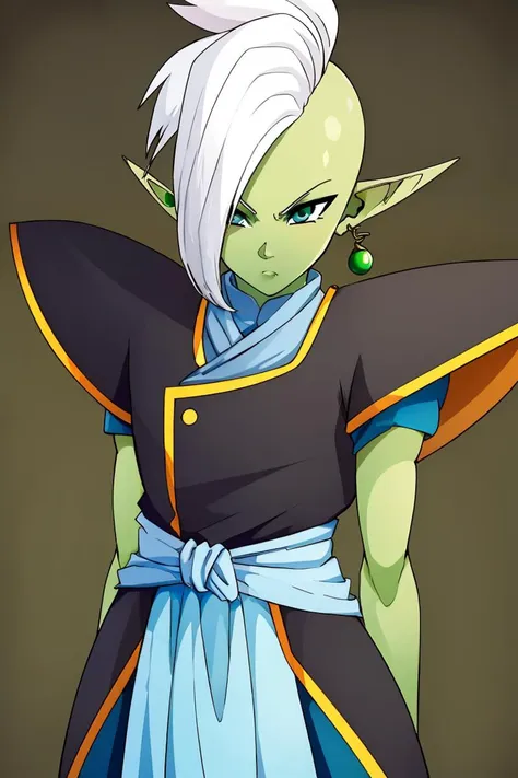 <lora:ricegnat_style:0.8>,((masterpiece,best quality)), absurdres, 1boy, solo, colored skin, green skin, mohawk, white hair, grey eyes, detailed eyes, pointy ears, single earring, green earring <lora:Zamasu:0.7> solo, looking at viewer, cowboy shot,