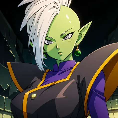 Best_QualityPos, RAW photo, intricate details, best quality, 8k uhd, soft lighting, solo, 1girl, large breasts, blush, colored skin, green skin, mohawk, white hair, grey eyes, single earring, green earring  <lora:Zamasu:0.7>