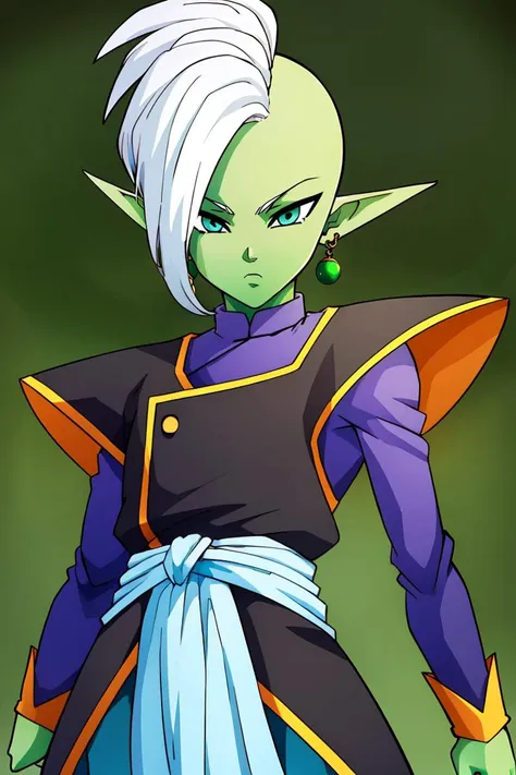 <lora:ricegnat_style:0.8>,((masterpiece,best quality)), absurdres, 1boy, solo, colored skin, green skin, mohawk, white hair, grey eyes, detailed eyes, pointy ears, single earring, green earring <lora:Zamasu:0.7> solo, looking at viewer, cowboy shot,