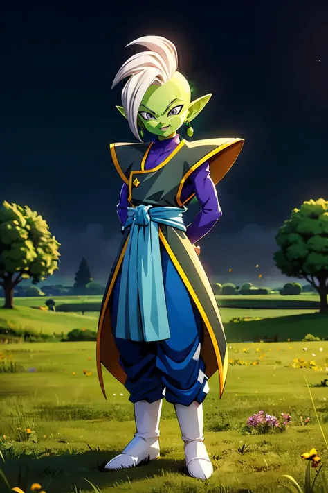 3d, zamasu, colored skin, green skin, mohawk, white hair, grey eyes, pointy ears, single earring, green earring, looking at viewer, smiling, full body shot, standing, arms behind back, outside, field, trees, dusk, twilight sky, high quality, masterpiece, <lora:Zamasu:.6>