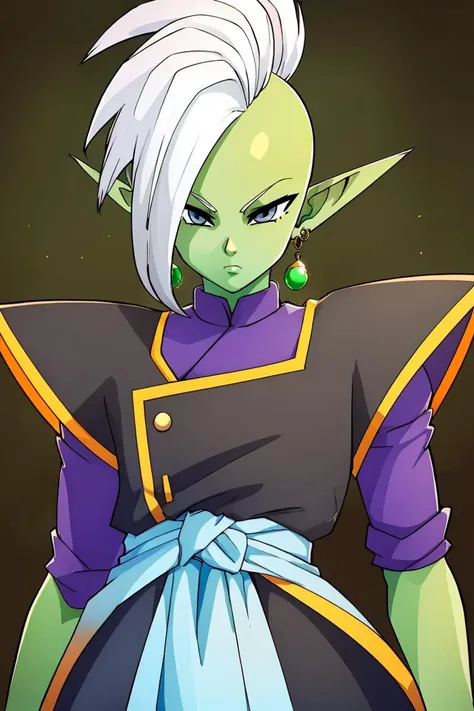 <lora:ricegnat_style:0.8>,((masterpiece,best quality)), absurdres, 1boy, solo, colored skin, green skin, mohawk, white hair, grey eyes, detailed eyes, pointy ears, single earring, green earring <lora:Zamasu:0.7> solo, looking at viewer, cowboy shot,