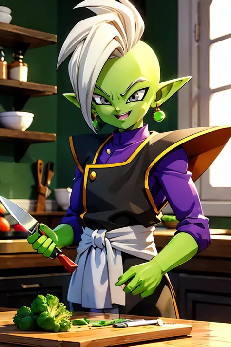3d, zamasu, colored skin, green skin, mohawk, white hair, grey eyes, pointy ears, single earring, green earring, looking at viewer, smiling, medium shot, standing, inside a fancy kitchen, chopping vegetables, cutting board, holding knife, high quality, masterpiece, <lora:Zamasu:.6>