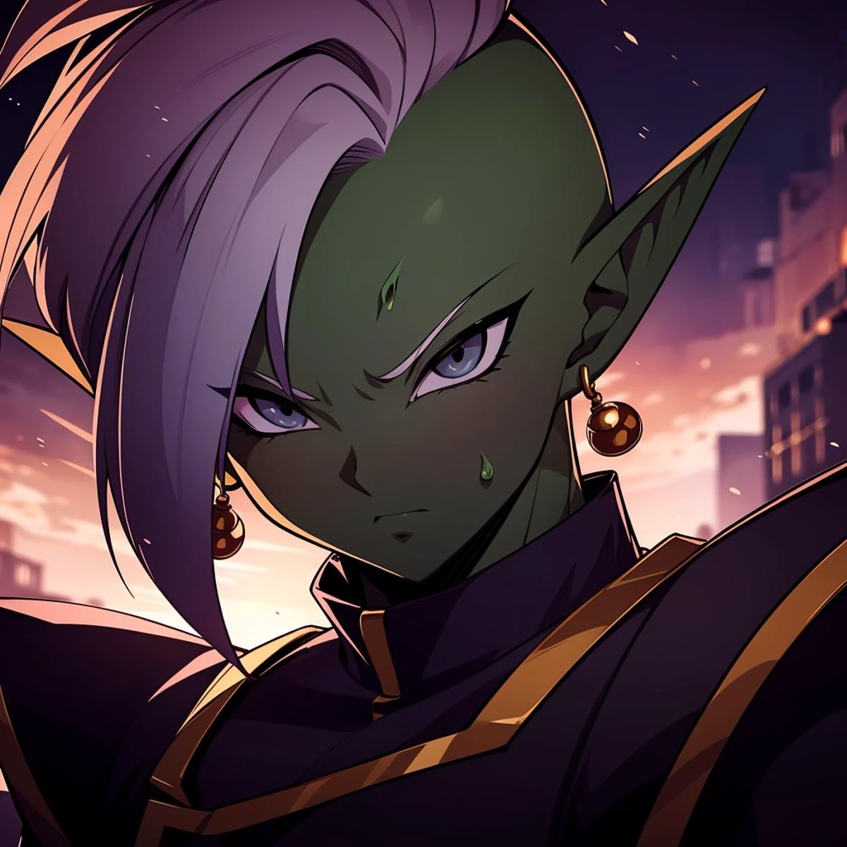 Best_QualityPos, RAW photo, intricate details, best quality, 8k uhd, soft lighting, 1boy, solo, Zamasu, colored skin, green skin, mohawk, white hair, grey eyes, single earring, dougi, pointy ears <lora:Zamasu_V2:0.6>
