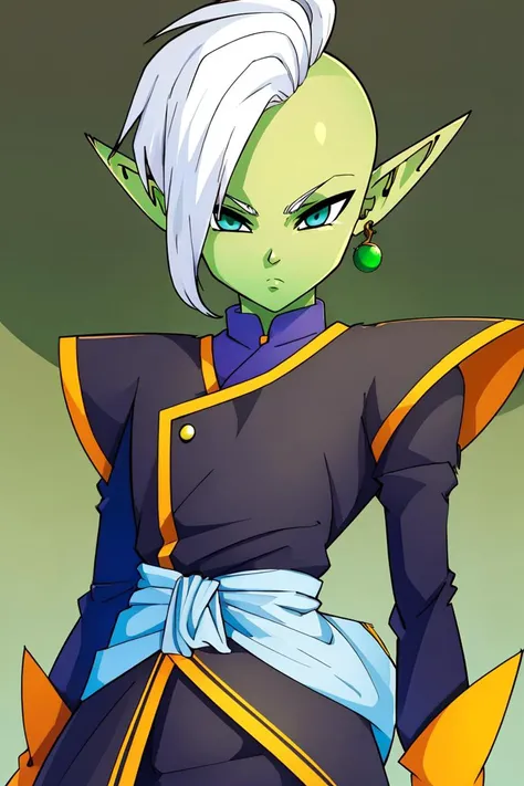 <lora:ricegnat_style:0.8>,((masterpiece,best quality)), absurdres, 1boy, solo, colored skin, green skin, mohawk, white hair, grey eyes, detailed eyes, pointy ears, single earring, green earring <lora:Zamasu:0.7> solo, looking at viewer, cowboy shot,