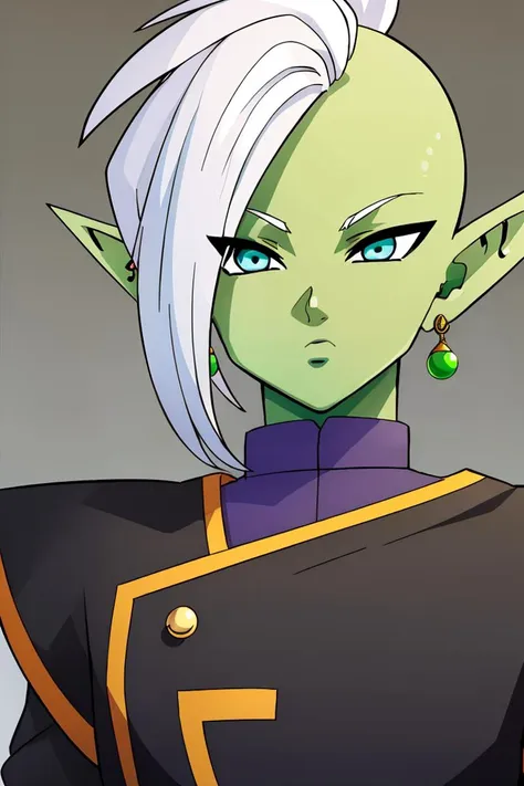 <lora:ricegnat_style:0.6>,((masterpiece,best quality)), absurdres, 1boy, solo, colored skin, green skin, mohawk, white hair, grey eyes, detailed eyes, pointy ears, single earring, green earring <lora:Zamasu:0.7> solo, looking at viewer,