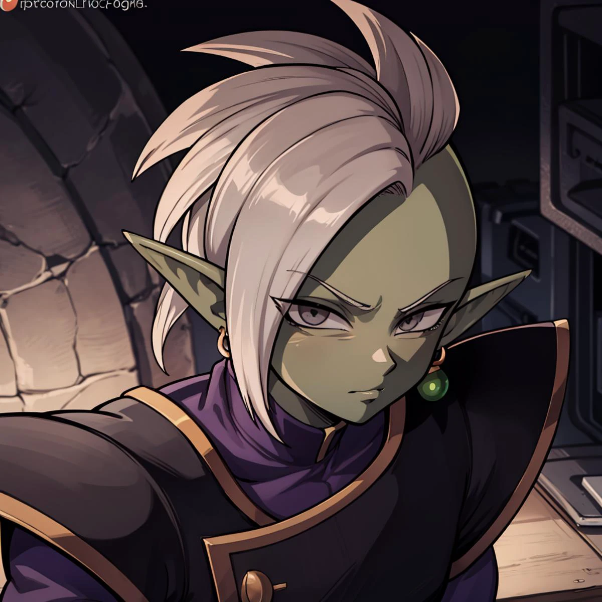 Best_QualityPos, RAW photo, intricate details, best quality, 8k uhd, soft lighting, 1boy, solo, Zamasu, colored skin, green skin, mohawk, white hair, grey eyes, single earring, dougi, pointy ears <lora:Zamasu_V2:0.6>