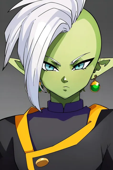 <lora:ricegnat_style:0.6>,((masterpiece,best quality)), absurdres, 1boy, solo, colored skin, green skin, mohawk, white hair, grey eyes, detailed eyes, pointy ears, single earring, green earring <lora:Zamasu:0.7> solo, looking at viewer,