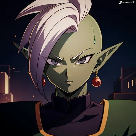 Best_QualityPos, RAW photo, intricate details, best quality, 8k uhd, soft lighting, 1boy, solo, Zamasu, colored skin, green skin, mohawk, white hair, grey eyes, single earring, dougi, pointy ears <lora:Zamasu_V2:0.6>
