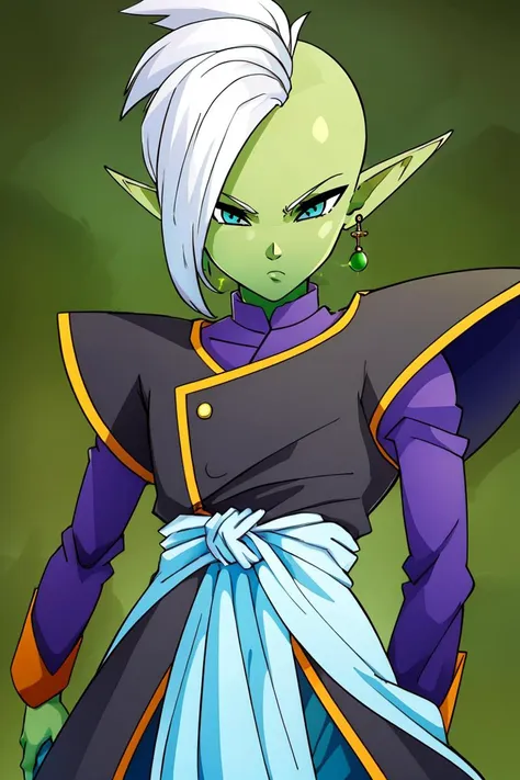 <lora:ricegnat_style:0.8>,((masterpiece,best quality)), absurdres, 1boy, solo, colored skin, green skin, mohawk, white hair, grey eyes, detailed eyes, pointy ears, single earring, green earring <lora:Zamasu:0.7> solo, looking at viewer, cowboy shot,