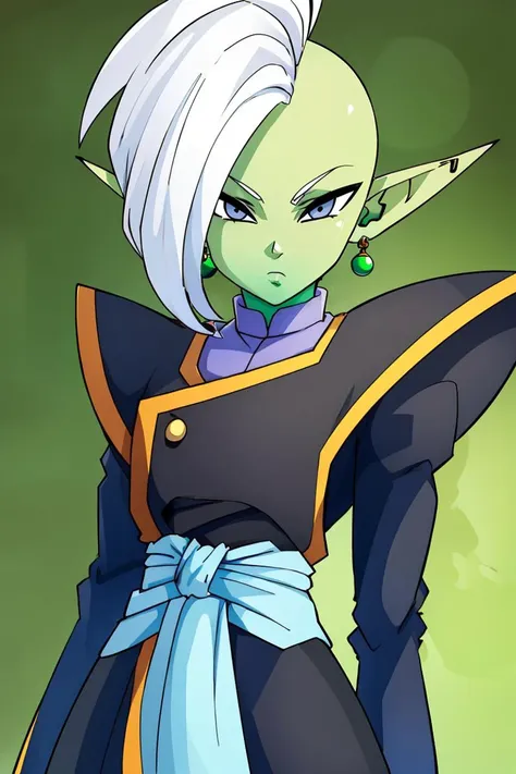 <lora:ricegnat_style:0.8>,((masterpiece,best quality)), absurdres, 1boy, solo, colored skin, green skin, mohawk, white hair, grey eyes, detailed eyes, pointy ears, single earring, green earring <lora:Zamasu:0.7> solo, looking at viewer, cowboy shot,