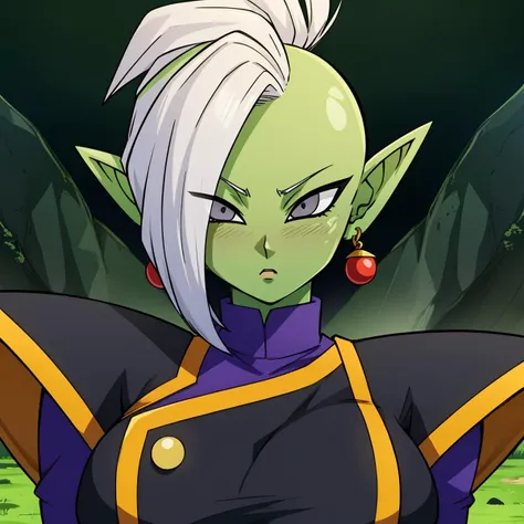 Best_QualityPos, RAW photo, intricate details, best quality, 8k uhd, soft lighting, solo, 1girl, large breasts, blush, colored skin, green skin, mohawk, white hair, grey eyes, single earring, green earring  <lora:Zamasu:0.7>