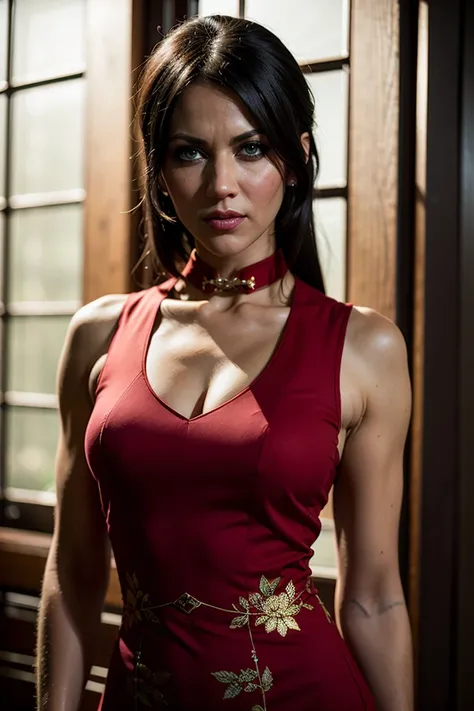 Cristina Scabbia, cinematic, (realistic), wearing (red chinese qipao dress), modelshoot style, 4k, high detail, rAW Photo, ((upper body)), atmospheric lighting, luscious lips, (eye makeup:1.1), (dark makeup:1.4), (ultra-detailed:1.2)