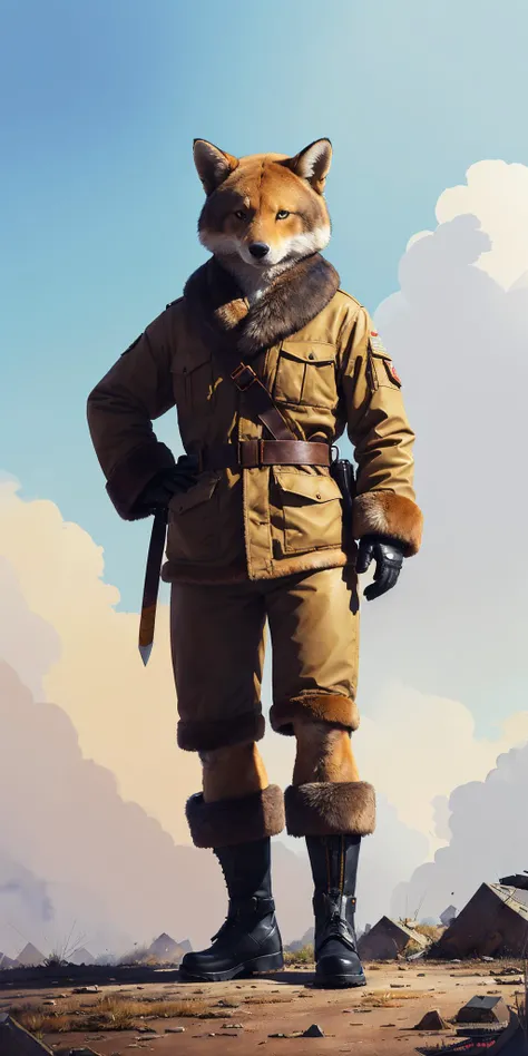 hyperrealistic shoygu illustration, skottie young, long shot, standing tall with big fluffy ears and a long tail, (4k), realistic fur textures, physically based rendering,
((watercolor painting by John Berkey))