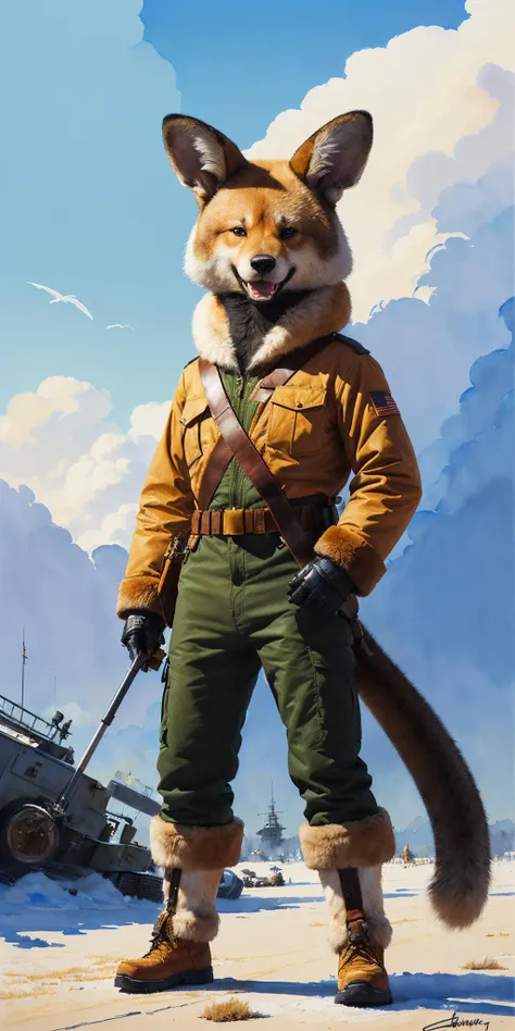 hyperrealistic shoygu illustration, skottie young, long shot, standing tall with big fluffy ears and a long tail, (4k), realistic fur textures, physically based rendering,
((watercolor painting by John Berkey))
