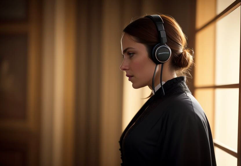 romantic style, masterpiece, best quality, 8k, artstation, sharp focus, ultrarealistic, high details, raw photo of Jane Eyre with headphones, natural skin texture, 24mm, 4k textures, soft cinematic light, adobe lightroom, photolab, hdr, intricate, elegant, highly detailed, sharp focus, ((((cinematic look)))), soothing tones, insane details, intricate details, hyperdetailed, low contrast, soft cinematic light, dim colors, exposure blend, hdr, faded