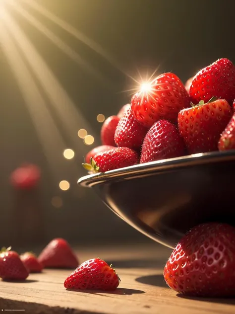 ((masterpiece:1.3,concept art,best quality)),very appealing dish of strawberry, droplets, macro, sunlight, fantasy art, dynamic composition, dramatic lighting, epic realistic, award winning illustration