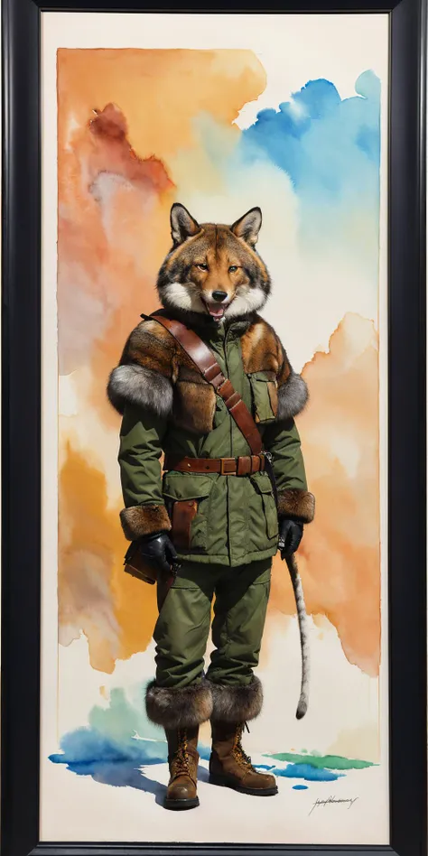hyperrealistic shoygu illustration, skottie young, long shot, standing tall with big fluffy ears and a long tail, (4k), realistic fur textures, physically based rendering,
((watercolor painting by John Berkey))