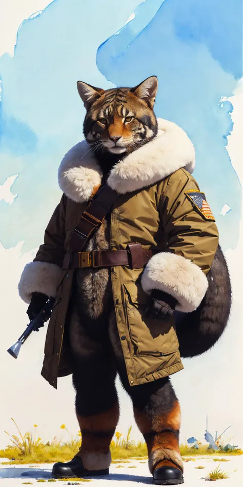 hyperrealistic shoygu illustration, skottie young, long shot, standing tall with big fluffy ears and a long tail, (4k), realistic fur textures, physically based rendering,
((watercolor painting by John Berkey))