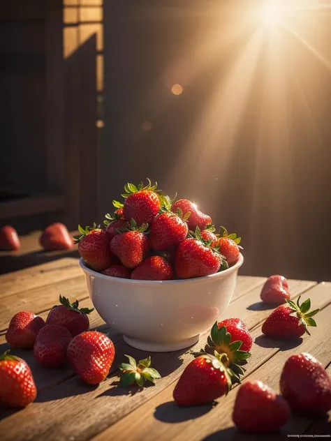 ((masterpiece:1.3,concept art,best quality)),very appealing dish of strawberry, droplets, macro, sunlight, fantasy art, dynamic composition, dramatic lighting, epic realistic, award winning illustration