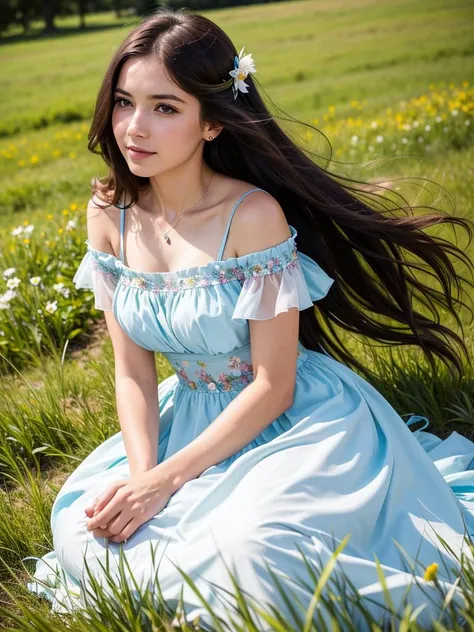 close up, beautiful watercolor-style illustration of a beautiful woman sitting on a grassy hill wearing a flowing dress adorned with ribbons and bows, breeze blow her hair and dress, all while imagining the amazing adventures awaiting her, vivid landscapes
