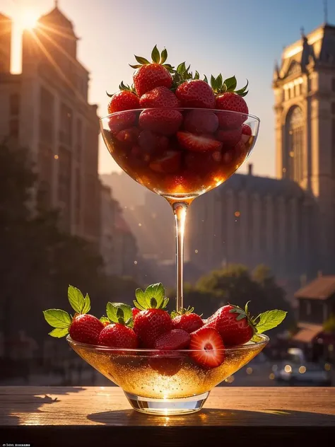 ((masterpiece:1.3,concept art,best quality)),very appealing dish of strawberry, droplets, macro, sunlight, fantasy art, dynamic composition, dramatic lighting, epic realistic, award winning illustration