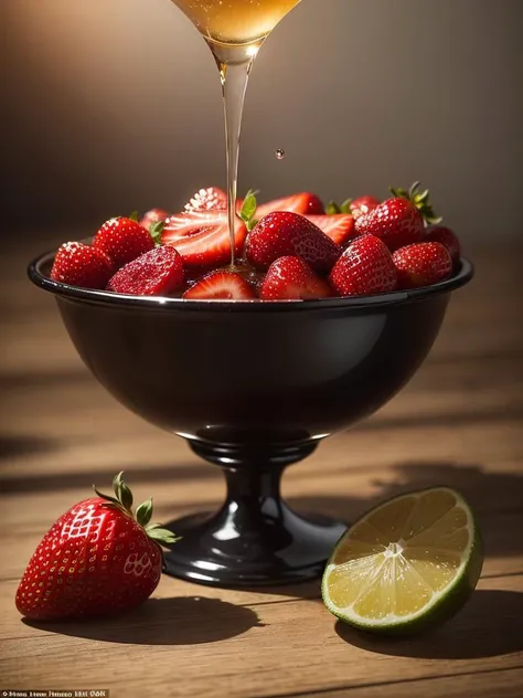 ((masterpiece:1.3,concept art,best quality)),very appealing dish of strawberry, droplets, macro, sunlight, fantasy art, dynamic composition, dramatic lighting, epic realistic, award winning illustration