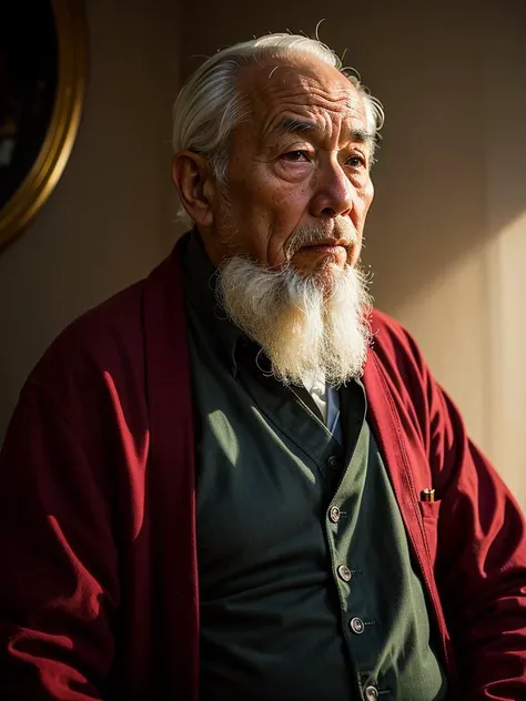 James Gurney style portrait, old asian man, dramatic lighting