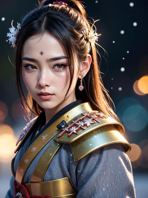 macro,
((beautiful samurai girl)), detailed facial features, realistic skin texture,
fantasy, fairytale, space adventurer, scifi character, cute, character,
vivid colors, intricately detailed sharp focus, cinematic lighting, rim lighting, masterpiece, cgsociety, 4k, octane render,
((glittering snow flakes, halos, bokeh))