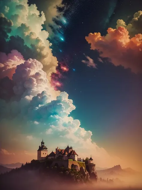 vibrant colors, soft focus, light leaks, dreamy atmosphere,
magic, ethereal,  fluffy clouds,  
fractal structures, imaginary subspaces, differential light scattering, negative light,
18th century french oil painting style,
((dromen in kleur))