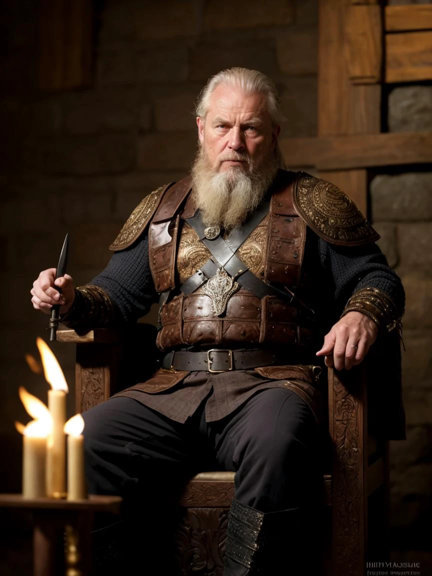 brutal drama style, masterpiece, best quality, 8k, artstation, sharp focus, ultrarealistic, high details, raw photo of (a weary-looking but still proud and fierce-looking old Viking warrior, now the leader of his village, dressed in elaborately detailed chain mail and leather armour, sitting on a carved wooden throne furrowed with Viking runes and symbols, in the village meeting hall, on his lap rests an elaborately carved and beautifully crafted longsword, a few torches burn on the walls, giving the scene a dark atmosphere but sculpting the forms in sharp chiaroscuro), it is night time, (highly detailed skin), skin texture, (detailed face), detailed background, sharp focus, dark lighting, twilight lighting, volumetric lighting,