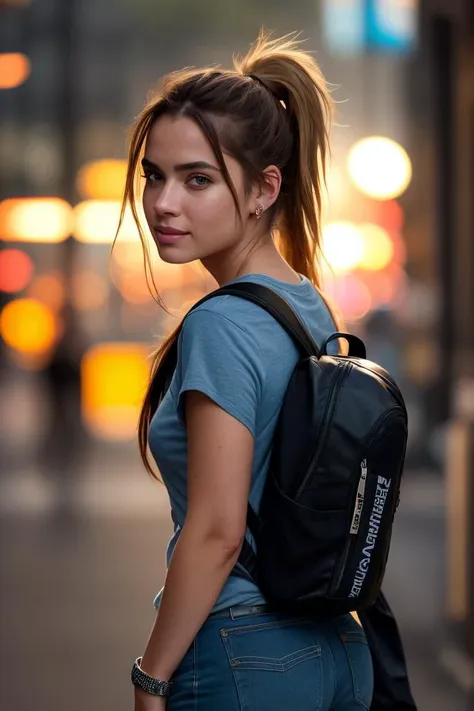 fashion style, masterpiece, best quality, 8k, artstation, sharp focus, (ultrarealistic:1.5), (high details:1.4), raw photo of a young woman, street smiling, backpack, ponytails, faded, complex stuff around, intricate background, soaking wet, (Cinematic:1.4),