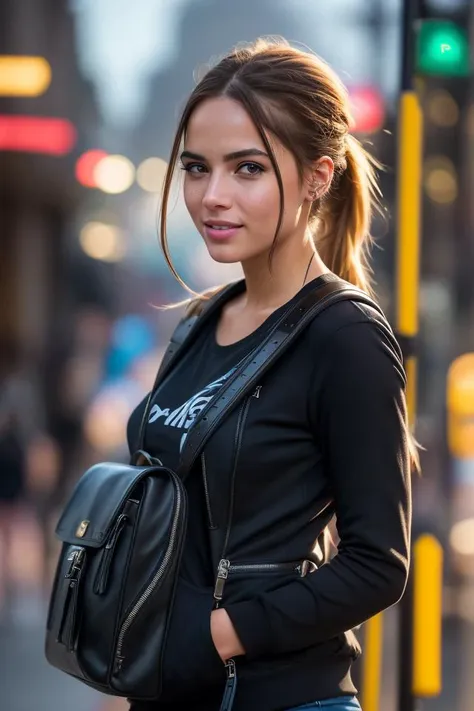 fashion style, masterpiece, best quality, 8k, artstation, sharp focus, (ultrarealistic:1.5), (high details:1.4), raw photo of a young woman, street smiling, backpack, ponytails, faded, complex stuff around, intricate background, soaking wet, (Cinematic:1.4),