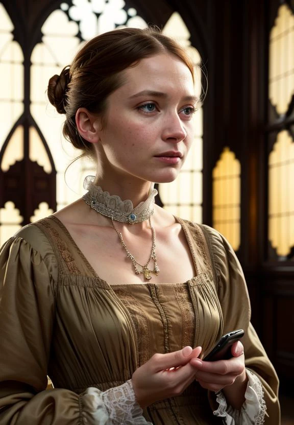 romantic style, masterpiece, best quality, 8k, artstation, sharp focus, ultrarealistic, high details,
raw photo of dreamy victorian Mia Wasikowska as Jane Eyre with iphone in hand, natural skin texture,
((((cinematic look)))), soothing tones, insane details, intricate details, hyperdetailed