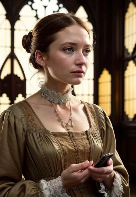 romantic style, masterpiece, best quality, 8k, artstation, sharp focus, ultrarealistic, high details, 
raw photo of dreamy victorian  Mia Wasikowska as Jane Eyre with iphone in hand, natural skin texture, 
((((cinematic look)))), soothing tones, insane details, intricate details, hyperdetailed