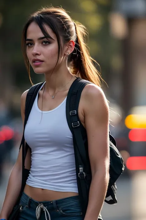 fashion style, masterpiece, best quality, 8k, artstation, sharp focus, (ultrarealistic:1.5), (high details:1.4), raw photo of a young woman, street smiling, backpack, ponytails, faded, complex stuff around, intricate background, soaking wet, (Cinematic:1.4),