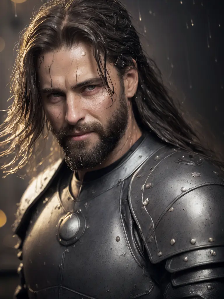 brutal portrait , masterpiece, best quality, 8k, artstation, sharp focus, ultrarealistic, high details, raw photo of a proud 50 years old warrior, epic shot, strong wind, heavy rain, (dynamic pose:1.4), (warrior 12th century:1.5),( evil smile:1.1), long beard and long hair, dressed in old torn dirty leather armor, dark atmosphere, it is night time, detailed wall background, volumetric lighting, (photorealistic:1.5), (wet hair:1.5),( drops of water on the face and body, drops of water on the clothes:1.3), gloomy sky,