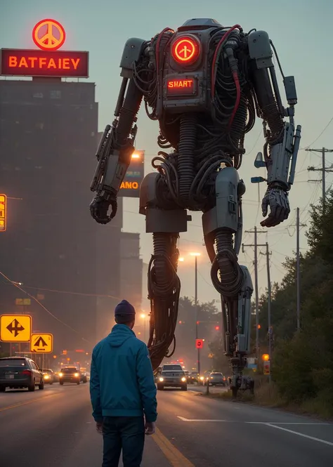 simon stalenhag style, 
masterpiece, best quality, 8k,  , sharp focus, ultrarealistic, 
raw photo of 
highway and giant dead disfunctional robot from series PEACE, DEATH an OTHER TRIVIA, 
((backround defocused)):1.4, (depth of field):1.4