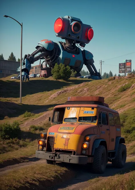 simon stalenhag style, 
masterpiece, best quality, 8k,  , sharp focus, ultrarealistic, 
raw photo of 
highway and giant dead disfunctional robot from series PEACE, DEATH an OTHER TRIVIA, 
((backround defocused)):1.4, (depth of field):1.4