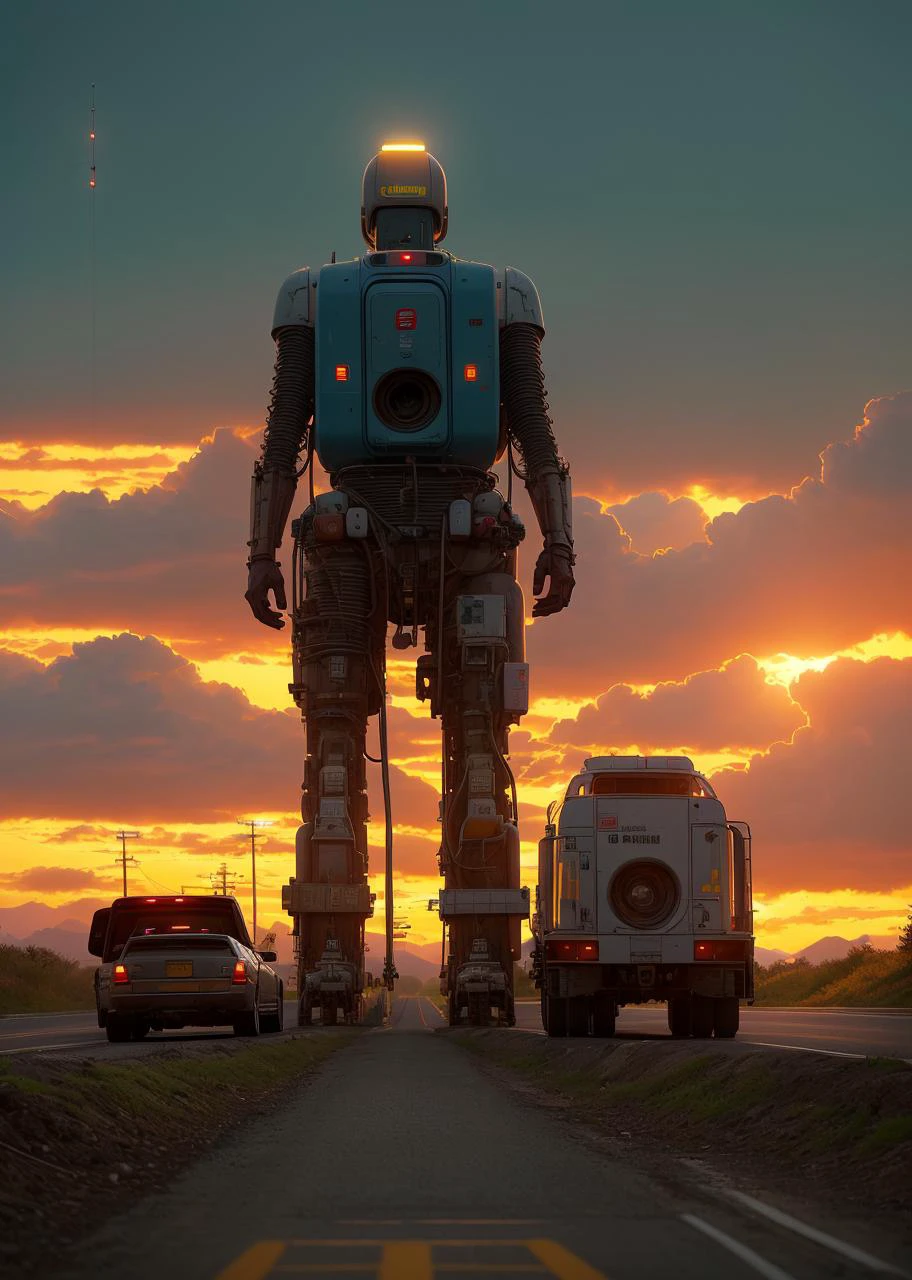 simon stalenhag style,
masterpiece, best quality, 8k, , sharp focus, ultrarealistic,
raw photo of
highway and giant dead disfunctional robot from series PEACE, DEATH an OTHER TRIVIA,
((backround defocused)):1.4, (depth of field):1.4