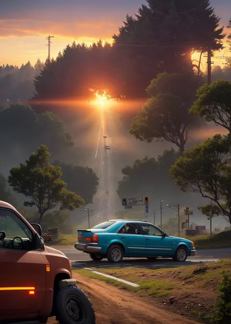 simon stalenhag style, 
masterpiece, best quality, 8k,  , sharp focus, ultrarealistic, 
raw photo of 
highway and giant dead disfunctional robot from series PEACE, DEATH an OTHER TRIVIA, 
((backround defocused)):1.4, (depth of field):1.4